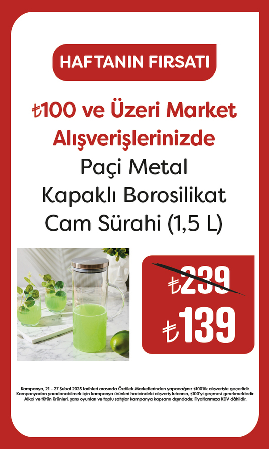 100 TL ve Üzeri Market Alışverişlerinizde Paçi Metal Kapaklı Borosilikat Cam Sürahi 139 TL